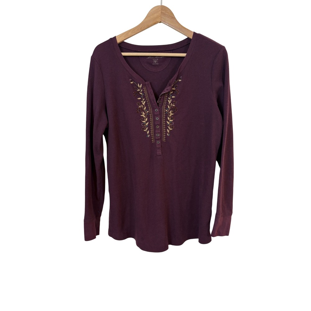 Eddie Bauer Thermal Henley Women XL Tall Purple Embroidered Beaded Top Boho grop